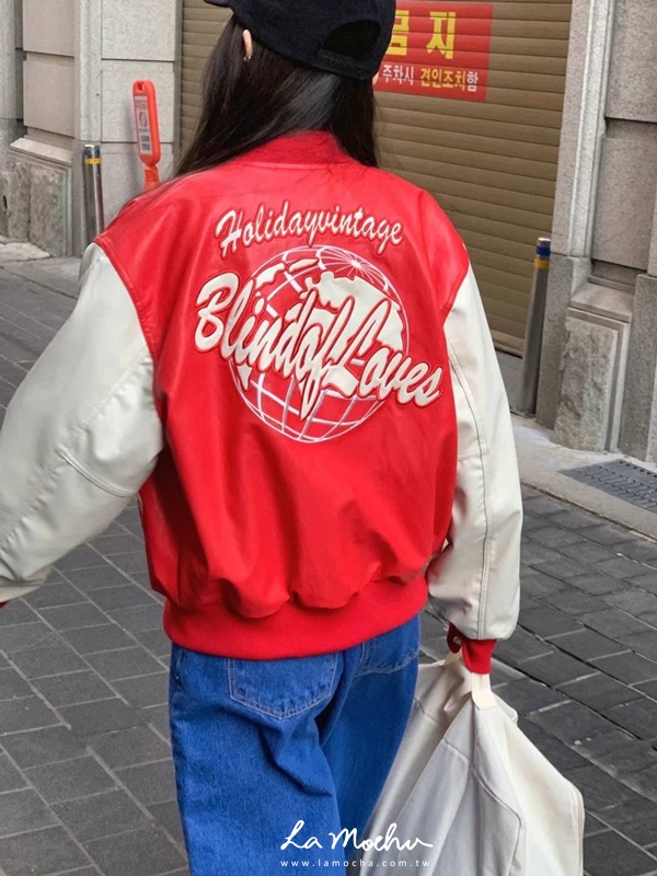 後字母地球皮革棒球外套